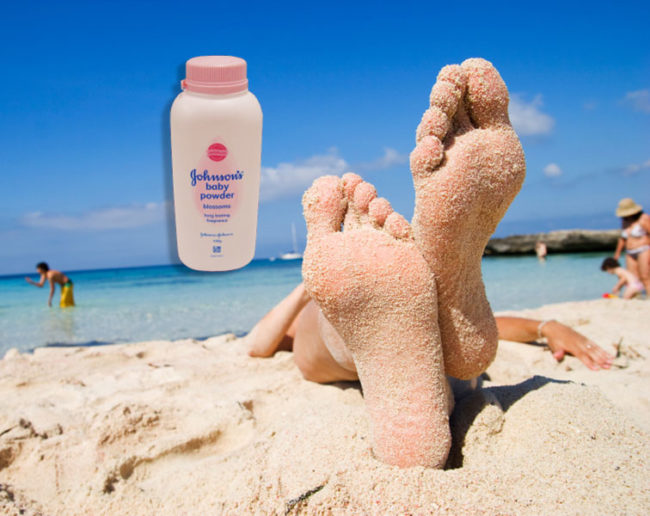 Get the sand off your feet without causing pain -- just dust them with baby powder and everything will come off.