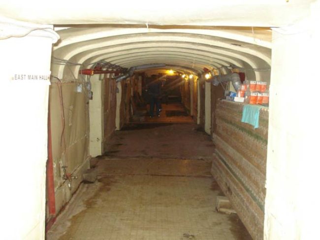 Beach used the frames of 42 school buses and then poured concrete on them to create the interior of the shelter. The whole thing is powered by redundant diesel generators, and it's said to be virtually impenetrable to anything short of a direct nuclear strike.