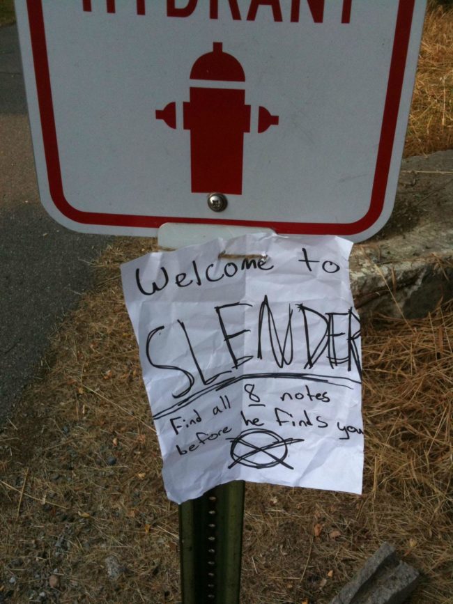 "Welcome to SLENDER. Find all 8 notes before he finds you."