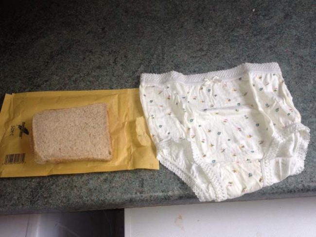 And then things got even more insane. On day 4, he opened an envelope and found some underwear and a slice of bread. This weirdness was not accompanied by a note.