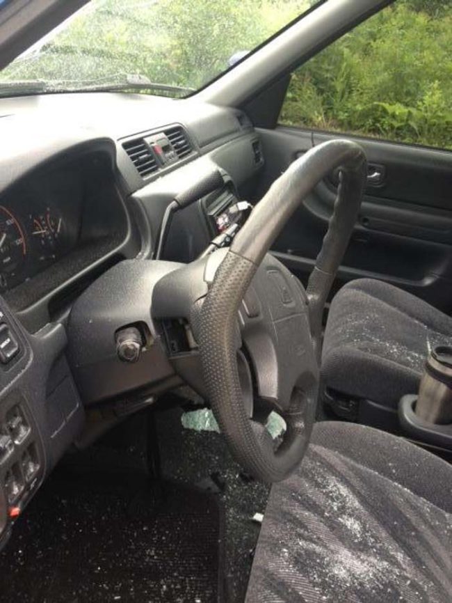 The only thing that saved his friend's life was the tough-as-nails steering wheel. It deflected the piece of metal.