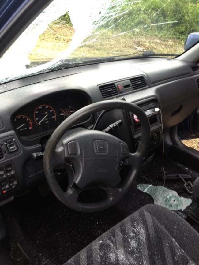 That piece of metal then flew at a high speed straight through his friend's windshield.