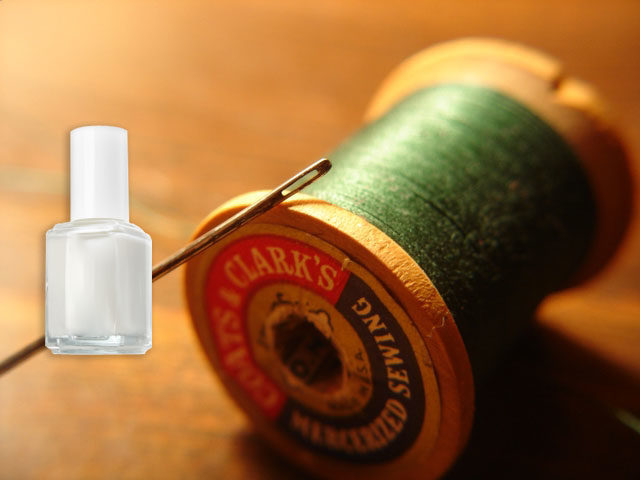Easily thread a needle by dipping the frayed end in some polish. Roll it between your fingers and not only will it dry stiff, it will go through without a fight!