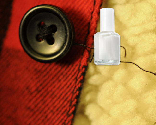 Secure a loose button by coating the exposed thread with some clear polish.