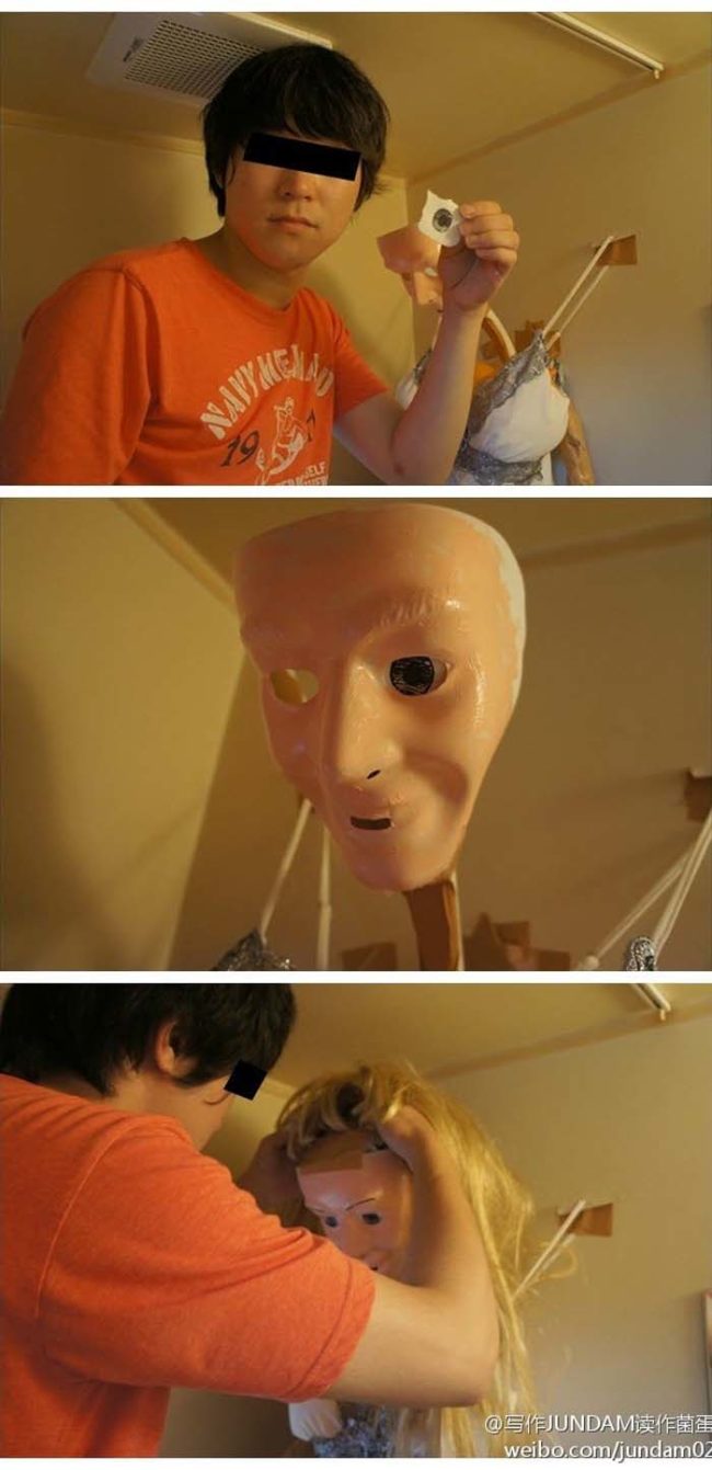 Just when you thought it couldn't get any creepier, he adds eyes and a wig.