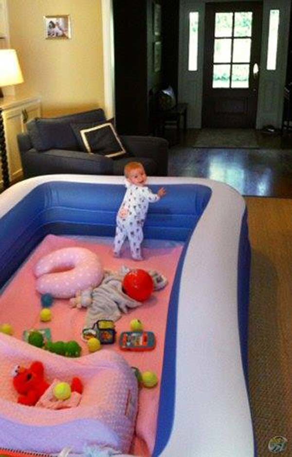 Give your kid a sweet playpen by inflating a pool indoors.