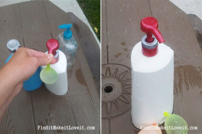 Use old lotion bottles to make an easy water balloon pump.