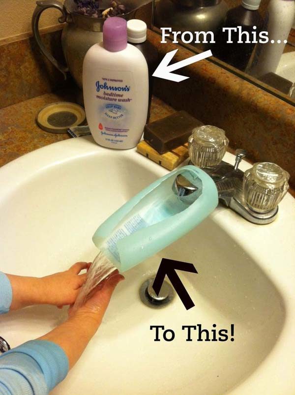 Make an awesome faucet extender with an old shampoo or body wash bottle.
