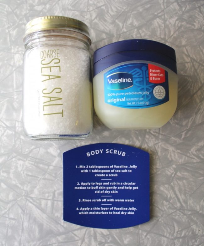 Mix Vaseline with coarse sea salt and whatever essential oil (for a sweet smell) to make your own body scrub.