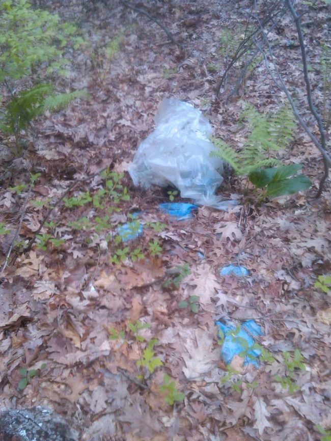 JacobDynamite says he was out geocaching when he "came across a blue tarp positioned in what appeared to be a shallow grave, two feet by five feet or so," which you can see in the photo below.