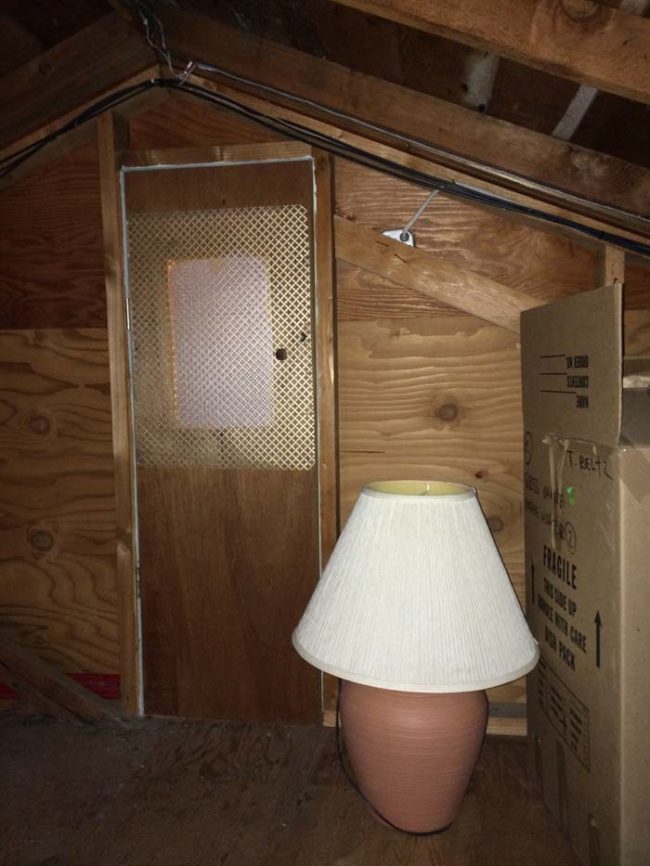 According to NukeStorm, the door was about four feet tall and 1.5 feet across with a metal grate fastened over the hole. Here's a lamp for scale.