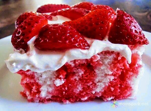 White cake is good, but white cake infused with <a href="http://recipe-of-today.blogspot.com/2015/05/strawberry-poke-cake.html" target="_blank">strawberry Jell-O</a> is better.