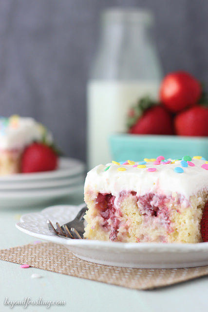 You'll get just the right amount of strawberry in this <a href="http://beyondfrosting.com/2015/06/01/strawberry-cheesecake-poke-cake/" target="_blank">cheesecake poke confection</a>.