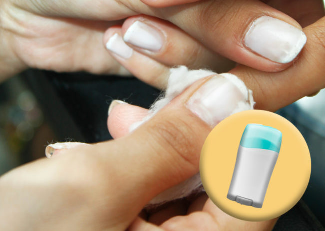 If you're like me and you somehow never have nail polish remover on hand, soak your nails in warm water. After that, spritz some spray deodorant on a cotton ball and wipe your old manicure away! 