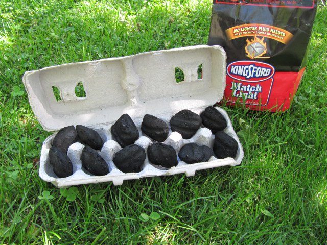 Slay the camping cookout game by transporting charcoal in an empty egg carton.