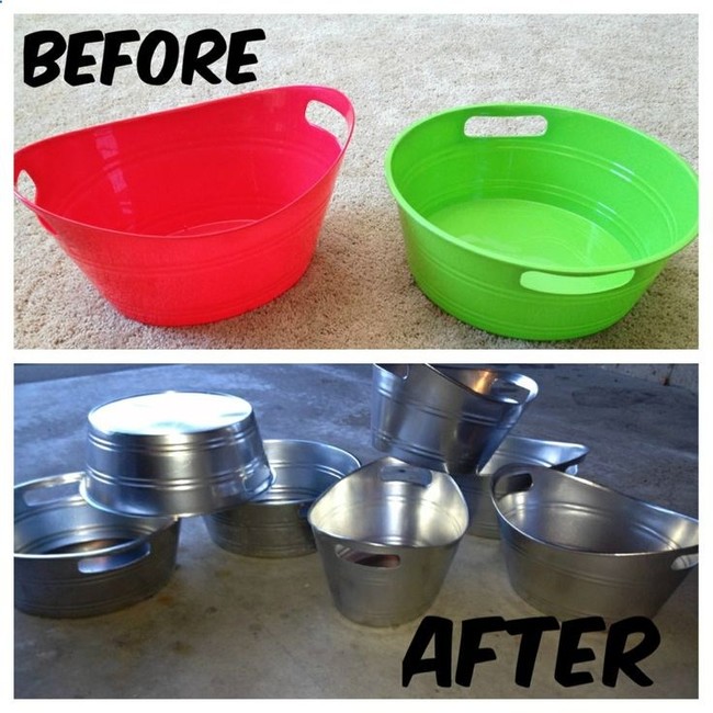 Ugly <a href="http://diyenergy.biz/2014/03/24/take-plastic-bins-from-the-dollar-store-and-upgrade-them-using-metallic-spray-paint-to-give-them-a-tin-finish/" target="_blank">plastic tubs</a> become so much more.