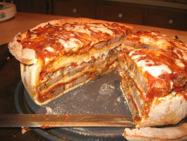 Or maybe you're craving dessert? Well this <a href="http://www.justdiy.com/insane-pizza/" target="_blank">pizza cake</a> isn't sweet, but it's chock-full of <em>meat</em>.