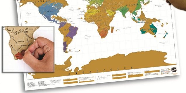 <a href="http://www.suck.uk.com/products/scratchmap/?search=travel" target="_blank">The Scratch Map</a> gives users the satisfaction of revealing a beautiful, colorful map by scratching off the countries they cross off their lists.