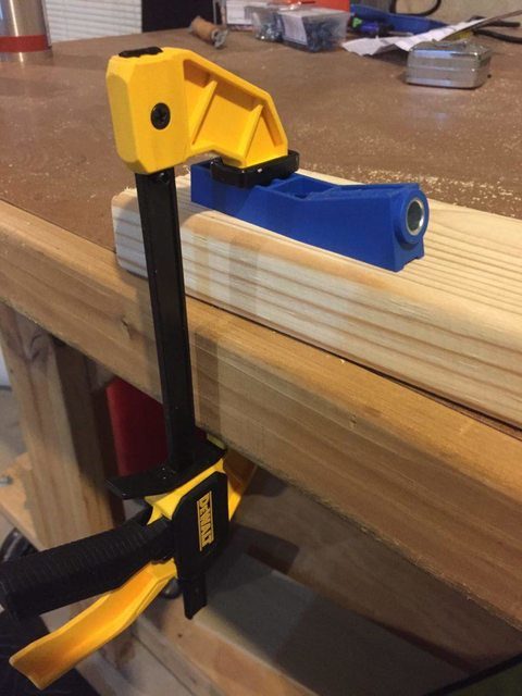 Next, she used a <a href="http://www.lowes.com/pd_205297-39450-MKJKIT_0__?productId=1058457&amp;store_code=1637&amp;cm_mmc=SCE_PLA-_-ToolsAndHardware-_-BenchtopTools-_-1058457:Kreg&amp;CAWELAID=&amp;kpid=1058457&amp;CAWELAID=1368003210&amp;k_clickID=c684cd6b-e871-4b03-b2df-6c8e0d647060" target="_blank">Kreg Mini Jig</a> to connect them.