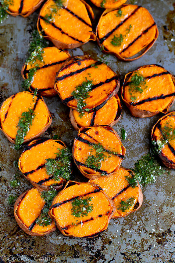 You can also go a little fancier with these <a href="http://www.cookincanuck.com/2015/06/grilled-sweet-potatoes-with-cilantro-vinaigrette-recipe/" target="_blank">sweet potatoes with a cilantro vinaigrette</a>.