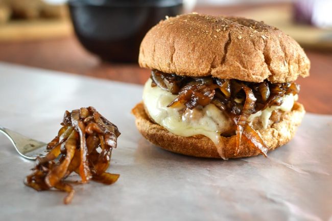 What grill list would be complete without a burger? This <a href="http://thefoodieandthefix.com/balsamic-caramelized-onion-turkey-burger-2/" target="_blank">caramelized onion turkey burger</a> is everything.