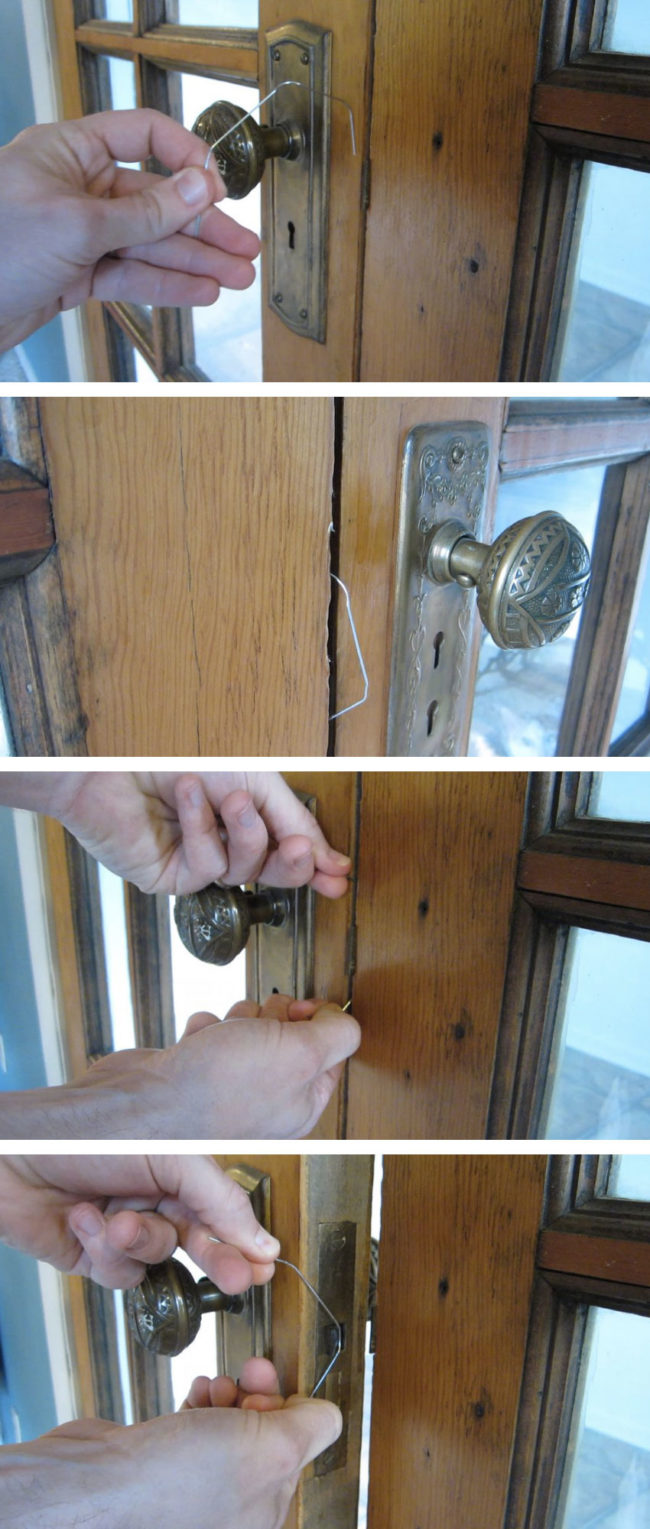 For this kind of lock, straighten your paper clip out and bend it into a U. Loop it through to the inside and then back around to the outside. Finally, pull.