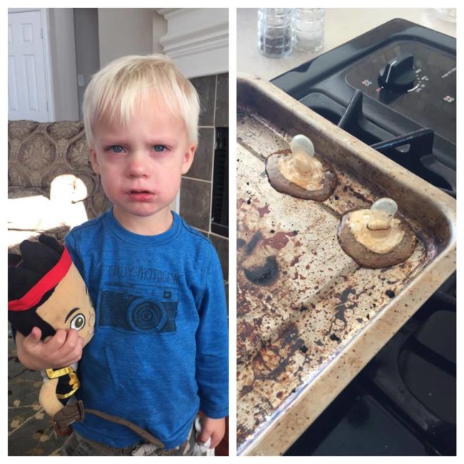 He put his own pacifiers in the toaster oven.