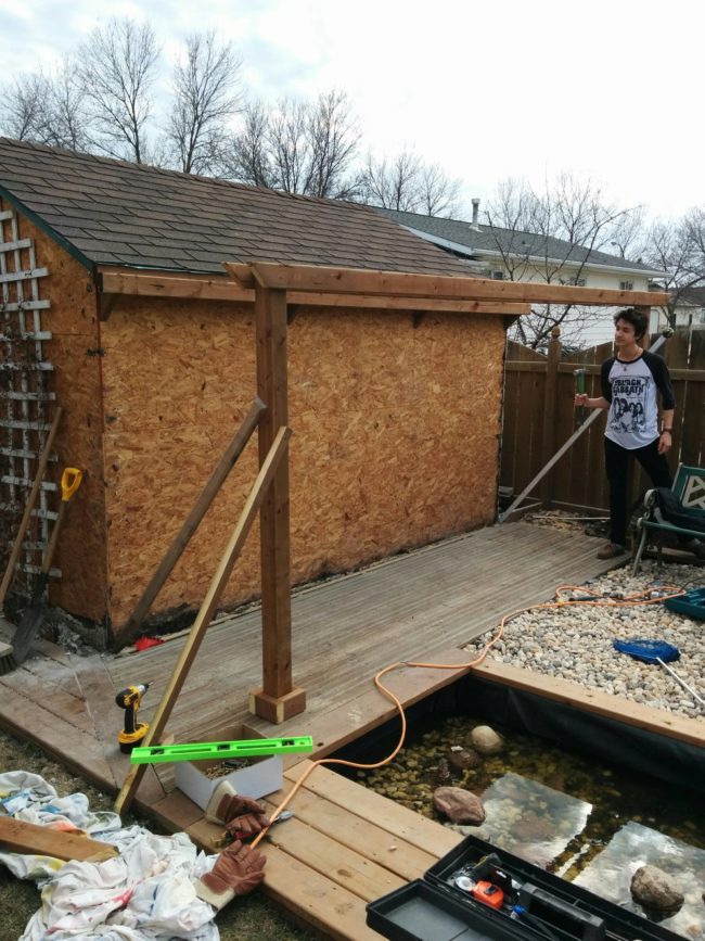 While they waited on the siding, the family decided to make a little pergola next to the pond.