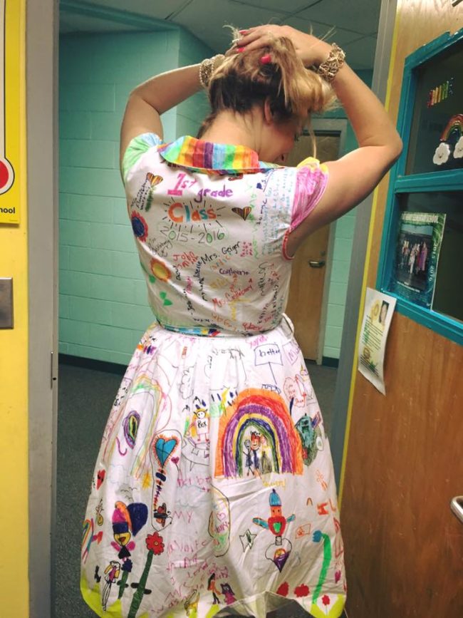 Together, the little ones emblazoned the dress from collar to hemline with original artwork, making their favorite teacher a one-of-a-kind dress she can rock whenever she starts missing them!
