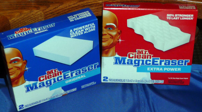 Use Mr. Clean Magic Erasers for everything. They're especially great for glass shower doors!