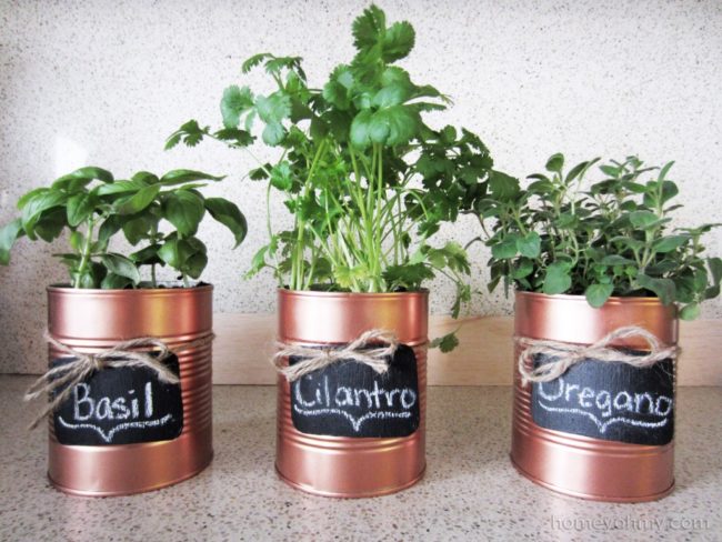 <a href="http://www.homeyohmy.com/diy-copper-tin-can-planters-chalkboard-tags/" target="_blank">Repurpose coffee cans</a> with a touch of copper to create the most adorable herb planters of all time.