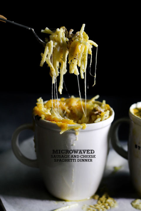 <a href="http://ladyandpups.com/2013/10/07/pre-departure-microwave-madness-eng/" target="_blank">Sausage and cheese spaghetti</a>? I can't believe how good this looks!