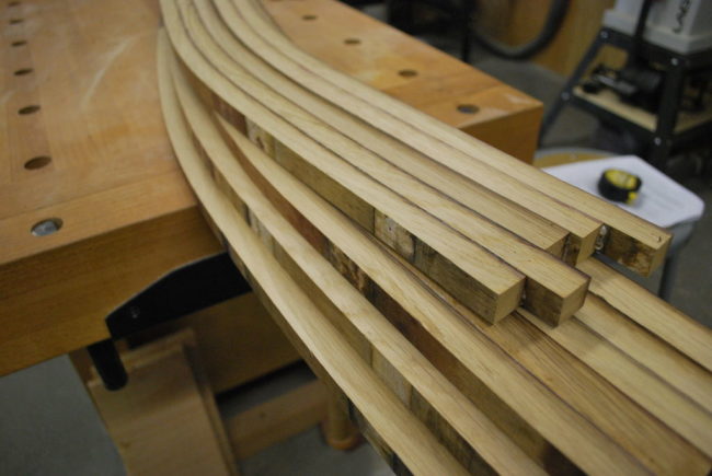 Each group of staves will have a different shape, so to aid in the process, one batch must be sanded down to match the other.