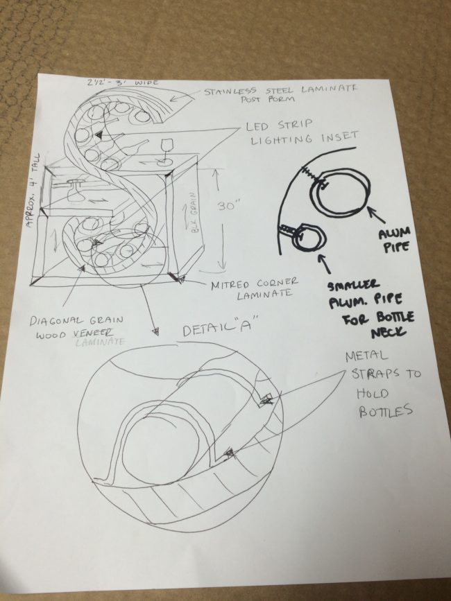 Adding a personalized touch, the builder created a rough sketch of an S-shaped wine rack for his mother, Stephanie.