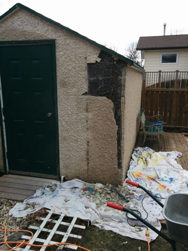 Since the shed was actually entirely stable, all they wanted to do was replace the ugly stucco exterior. 