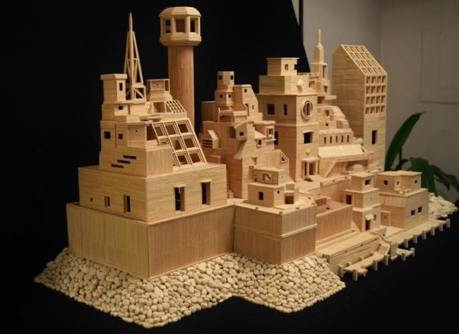 His most famous pieces to date are part of a collection called "Bob's Toothpick City."