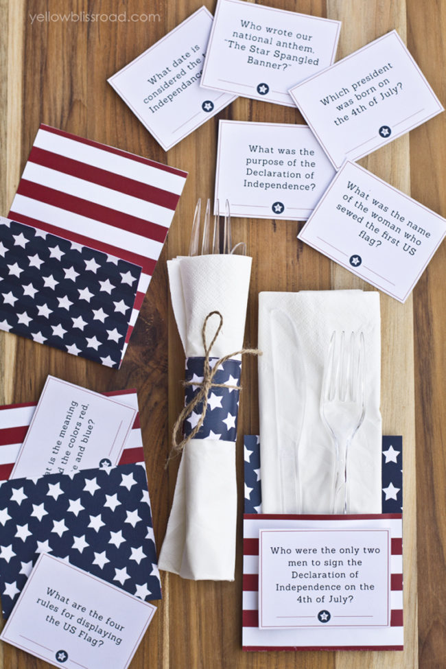 Demonstrate your Independence Day trivia prowess with these <a href="http://www.yellowblissroad.com/free-printable-4th-of-july-trivia-cards-utensil-holders/" target="_blank">printable cards</a>.