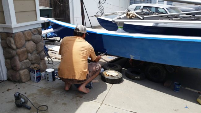 The tops of the hulls were painted with Rustoleum topside paint above the boat's waterline.