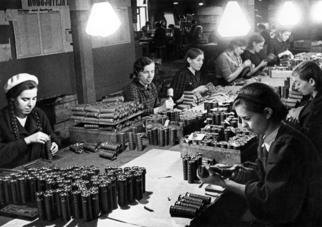 These young women produce hand grenades at a Moscow munitions plant. 