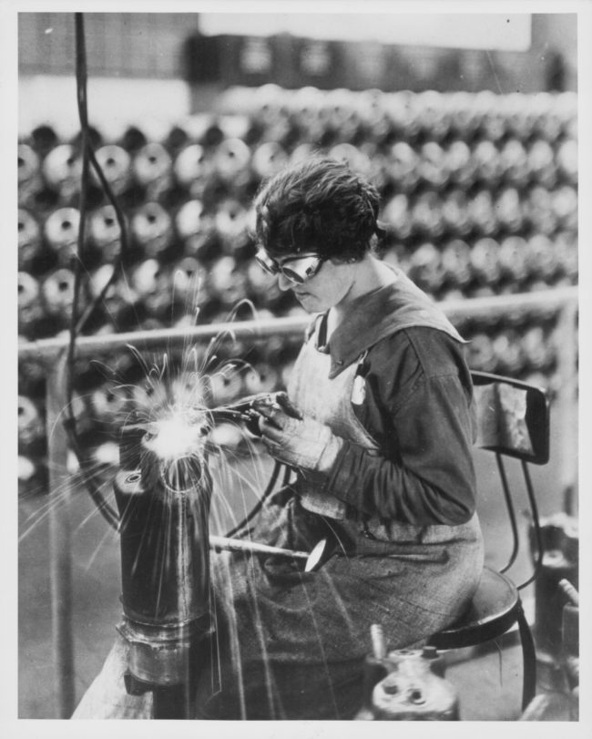 One munitions worker takes to welding as a way to aid the war efforts during World War I.