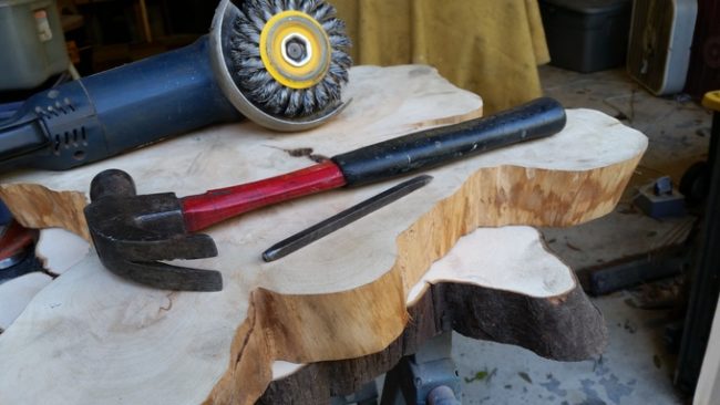 Then it was time to remove the bark. Some came off on its own, other pieces had to be coaxed with a chisel and hammer.