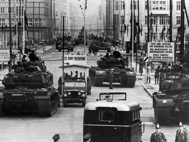 Here U.S. and Soviet tanks are having a standoff at Checkpoint Charlie during the Berlin Crisis of 1961.