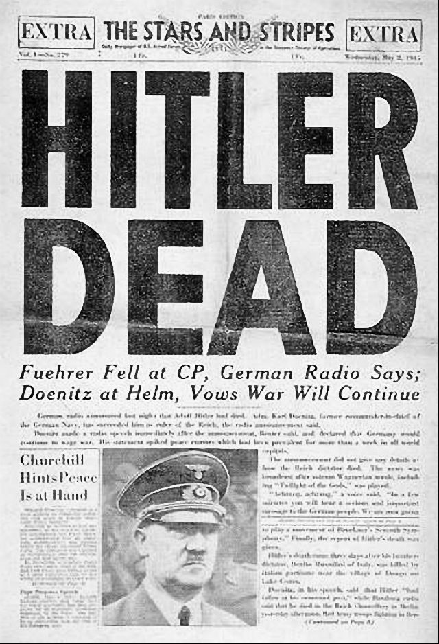This is when The Stars and Stripes, the official U.S. Army magazine, reported Hitler's death.