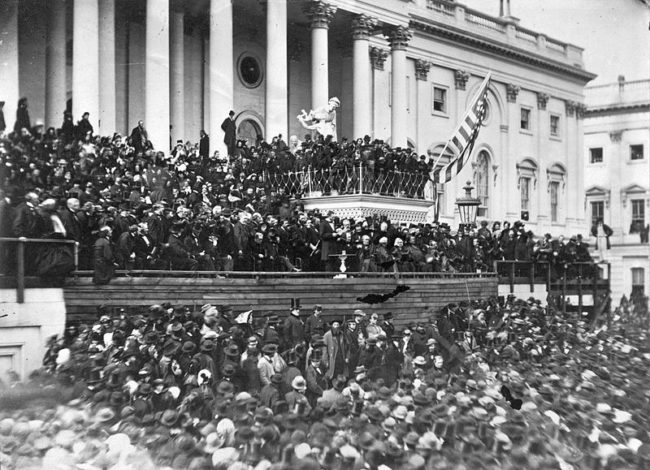 This is the only known photo of Abraham Lincoln's second inaugural address on March 4, 1865. John Wilkes Booth can actually be seen in the center of the top row of the top platform.