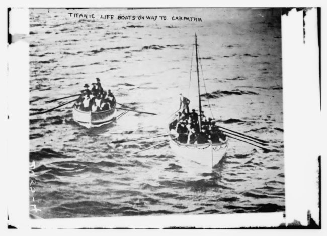 Titanic life boats reach the RMS Carpathia days after the famous ship sinks. 