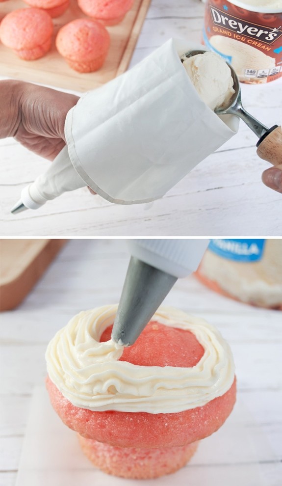 Put ice cream in a piping bag and use it as a delicious topping for cupcakes.