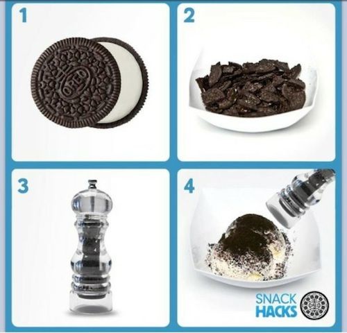 If you want a tasty Oreo topping on your ice cream, put crushed Oreos in a pepper grinder.