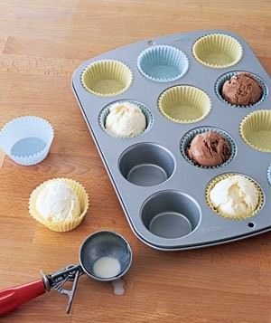 Serving ice cream at a party is a breeze when you place your scoops in cupcake wrappers in the freezer beforehand.