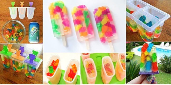 Make a colorful popsicle for any occasion with just Sprite and gummy bears.