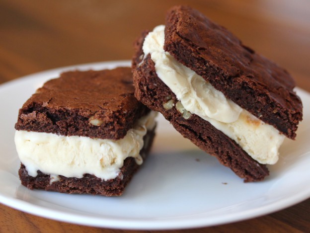 Make homemade ice cream sandwiches using freshly baked brownies.